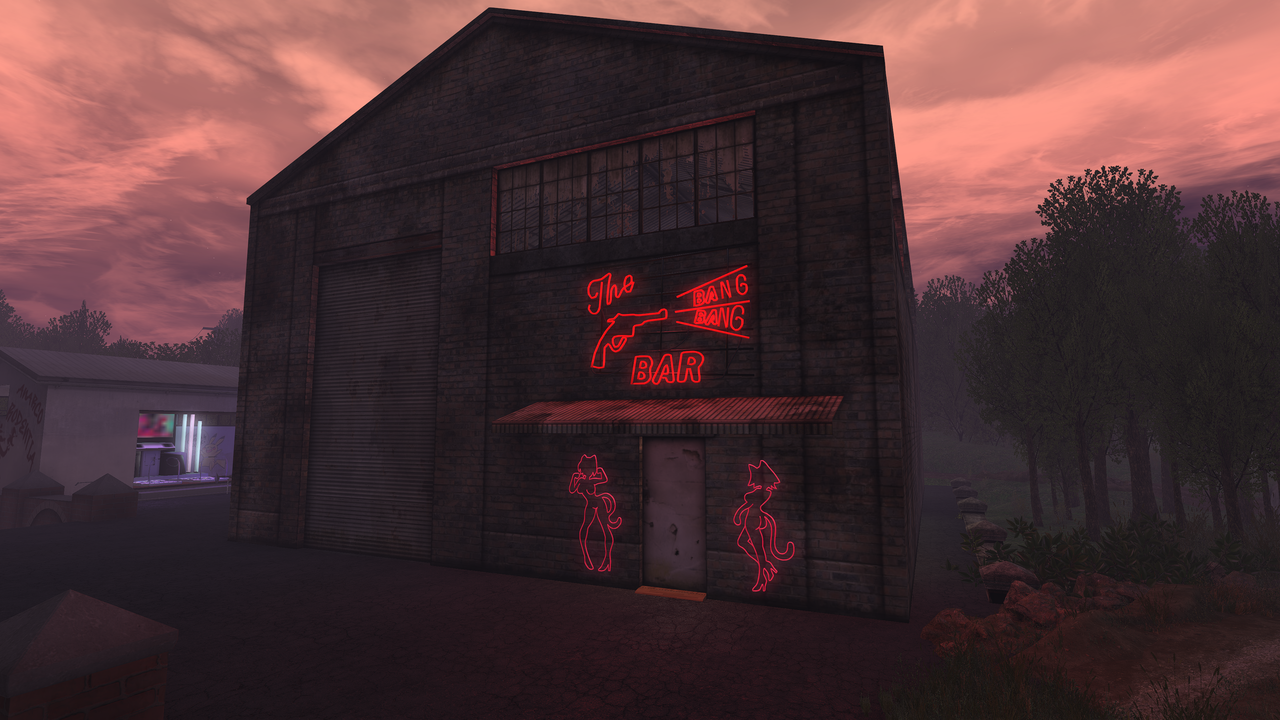 A large commercial shed or hangar. Around the door are neon light fixtures of nude furries, and above is a neon sign reading "The Bang Bang Bar", with a revolver.