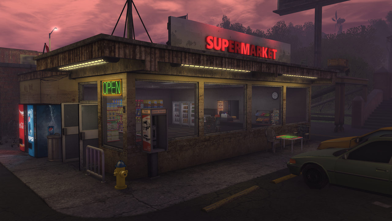 A dingy convenience store with a lighted "SUPERMARKET" sign. Several of the letters have gone out.
