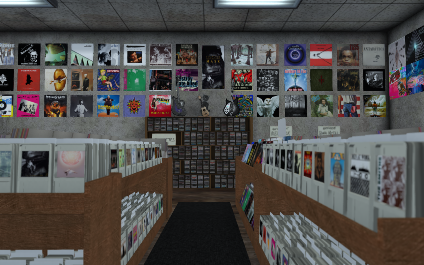 inside of a record store with CD case holders, vinyls, and cassettes stacked on shelves, and vinyls showcased on the far wall