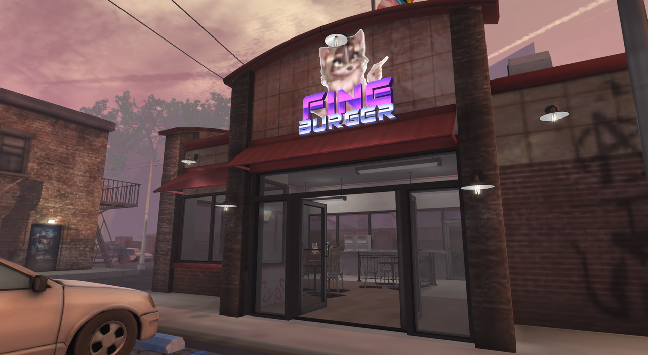 The exterior of a fast food restaurant. A garish sign features an animal mascot of some sort, posing self-assuredly.