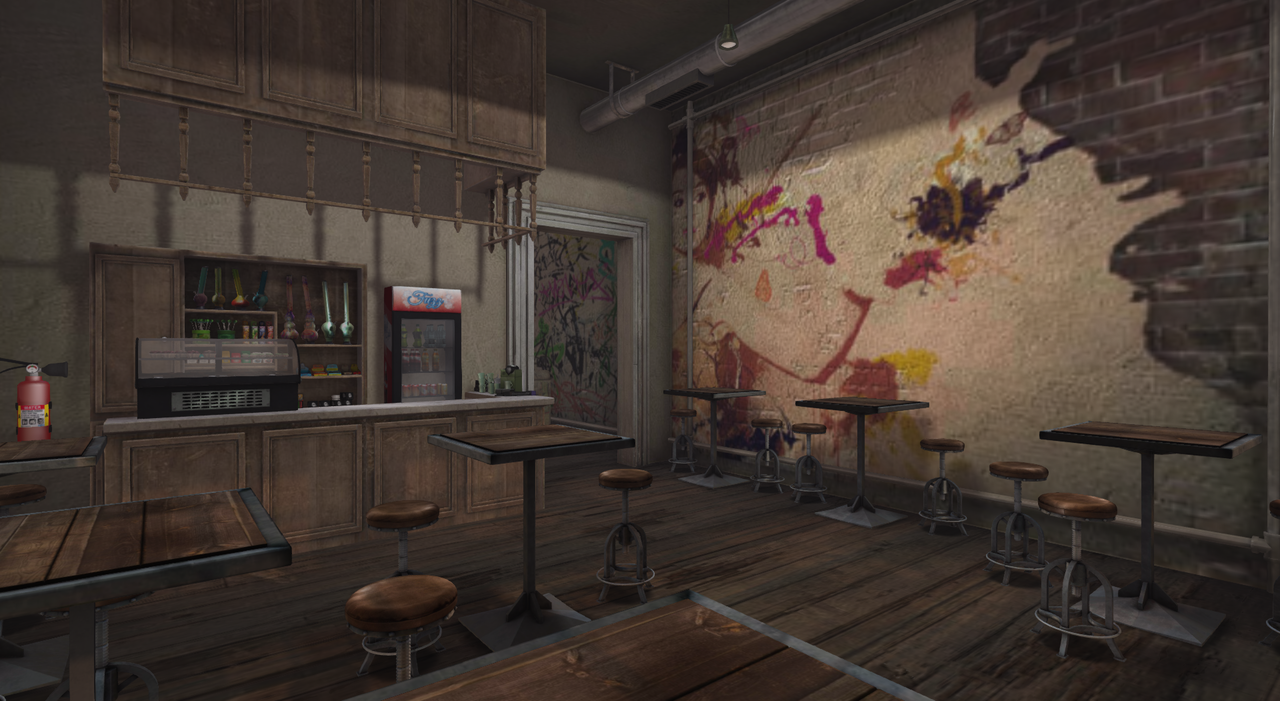 A grungy cafe interior with an order counter and pub tables.