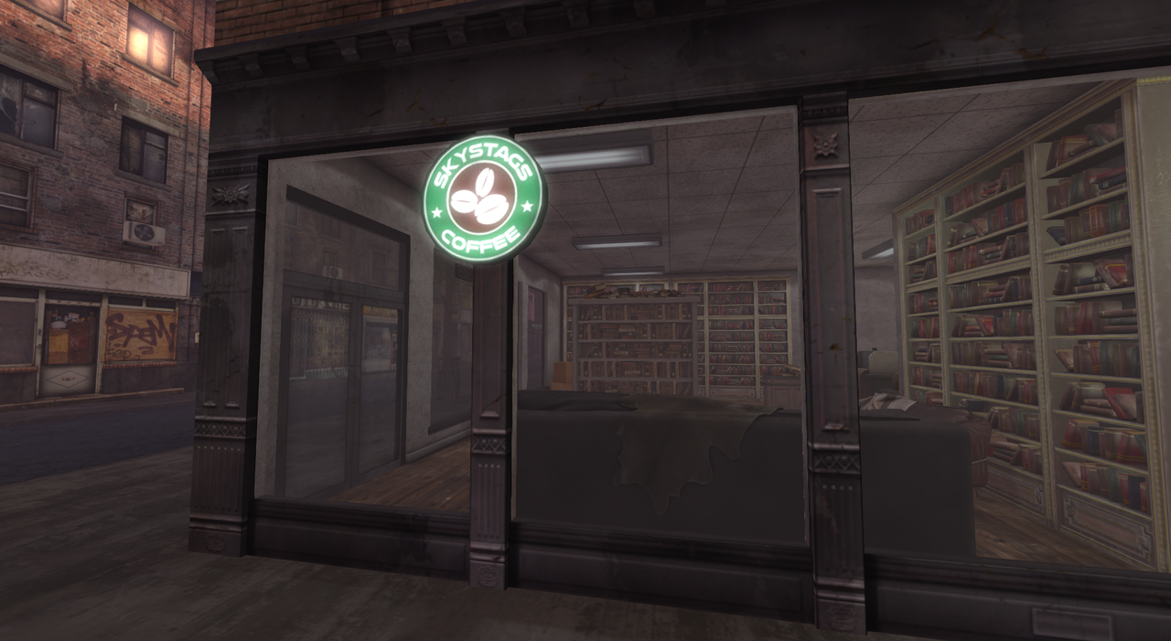 A coffee shop exterior with a familiar backlit green and black sign and numerous tall bookcases inside.